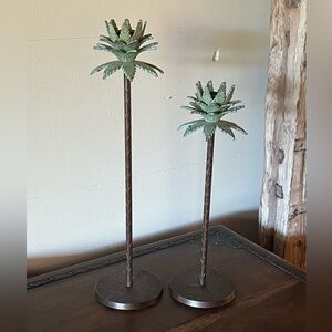 Set of 2 Vintage Brass Palm Tree Candle Holders Candlesticks 17" & 14"